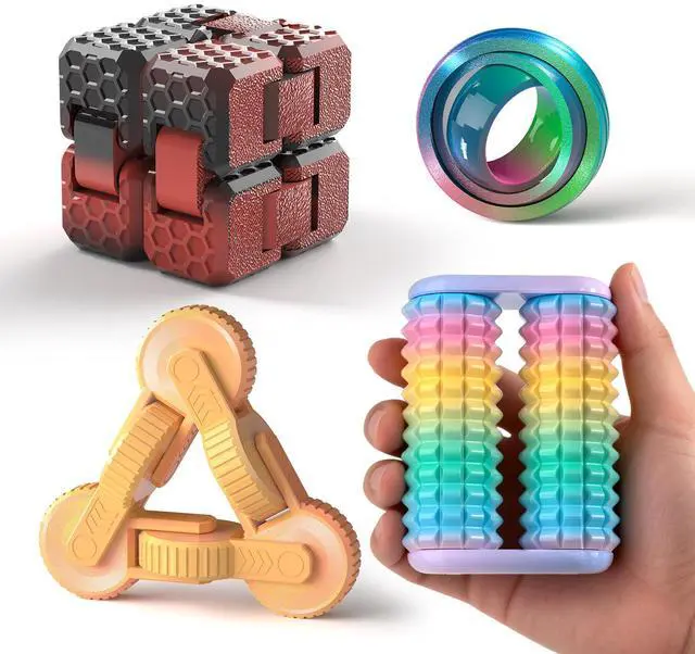 Main image of - Handheld Fidget Toy for Adults , 4PC Fidget Toys Set Fidgets for Classroom, Finger Spinners,Infinity Cube, Fidget Cube, Stress Relief Desk Cool Gadget for Kids Teen