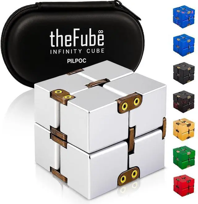 Main image of theFube Infinity Cube Fidget Desk Toy - Aluminum Infinite Magic Cube with Case, Sturdy, Heavy, Relieve Stress and Anxiety, for ADD, ADHD, OCD (Silver)