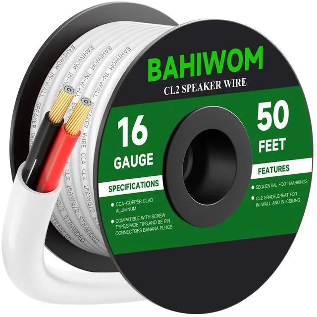Main image of 16 Gauge 50FT Speaker Wire CCA 2 Conductors Cord CL2 Rated Speaker Cable for Indoor,in-Wall,in-Ceiling,Home Theater & Commercial Audio with White PVC Jacket