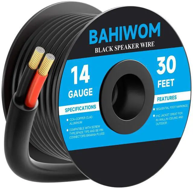 Main image of 14 Gauge Speaker Wire 30 Feet CL3 Related CCA Black Cable with 2 Conductors for Outdoor Direct Burial Backyard Garden Home Car in-Wall Speaker