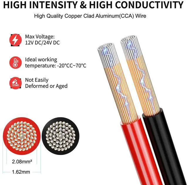 Alt view image 2 of 6 - 14 AWG 100FT Copper Clad Aluminum Wire 14 Gauge Red/Black 14/2 2 Extension Cord 12/24V DC for Speaker,LED Strip,Automotive,RC