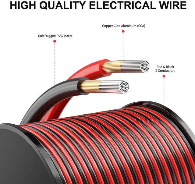 Alt view image 5 of 6 - 14 AWG 100FT Copper Clad Aluminum Wire 14 Gauge Red/Black 14/2 2 Extension Cord 12/24V DC for Speaker,LED Strip,Automotive,RC