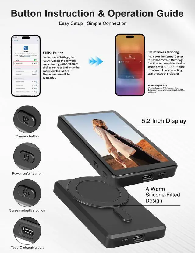 Alt view image 7 of 7 - Selfie Monitor Screen for iPhone & Android Magnetic Phone Rear Camera 4K HD Display for Photos & Record Videos, Vlog, Live Stream, TikTok, Content Creator