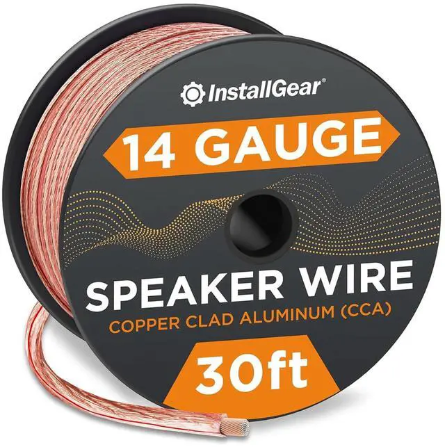 Main image of 30ft 14 Gauge Speaker Wire - Clear Copper Wire for Car Audio, Home Theater, Surround Sound - Durable PVC Jacket - Easy Polarity ID - Flexible Speaker Cable