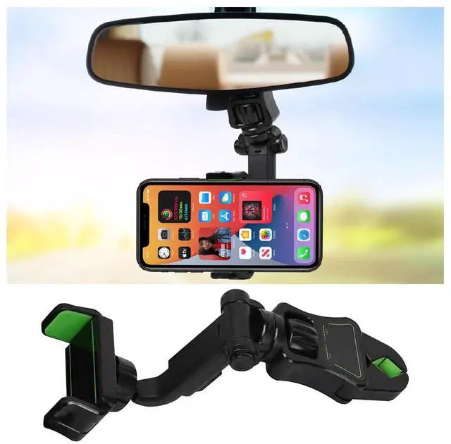 Main image of Car Rear View Mirror Phone Holder, 360° Rotating Rearview Mirror Phone Mount, ABS Multi-Functional Adjustable Cellphone Holder, Universal Car Phone Holder for All Smartphones (Black/Green)