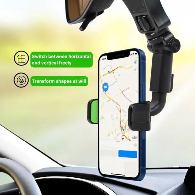 Alt view image 5 of 7 - Car Rear View Mirror Phone Holder, 360° Rotating Rearview Mirror Phone Mount, ABS Multi-Functional Adjustable Cellphone Holder, Universal Car Phone Holder for All Smartphones (Black/Green)
