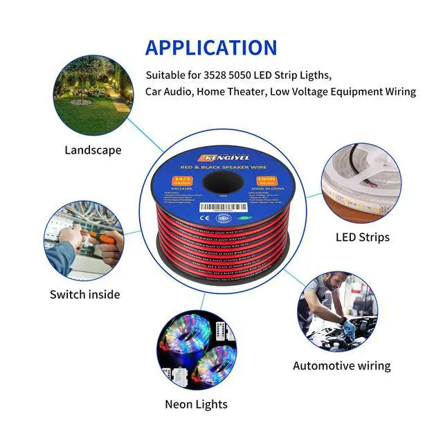 Alt view image 5 of 7 - Speaker Wire 14 Gauge 100FT 2 Conductors Red Black Cable Hookup LED Lighting Strips Electrical Wire Extension Cord 14/2 Gauge Wire Copper Clad Aluminum 12V/24V DC Cable Flexible Extension Cord