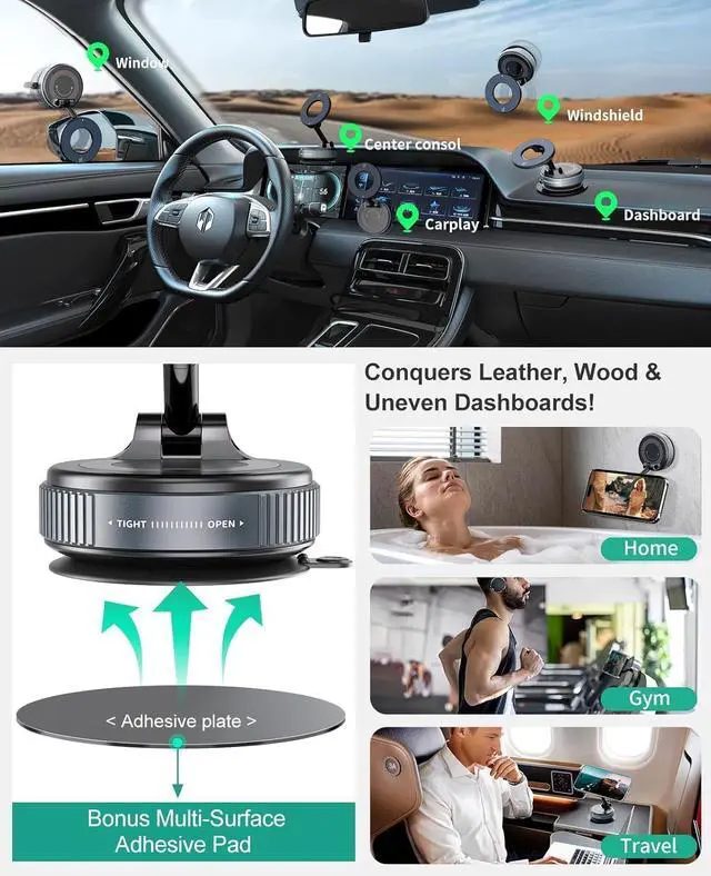 Alt view image 2 of 7 - 2026 Upgraded Vacuum Magnetic Car Phone Holder with 3 Rings 360° Ultra Suction Cup Phone Mount for MagSafe Cell Phone Holders for Your Car/Gym/Mirror Mount for iPhone & Android