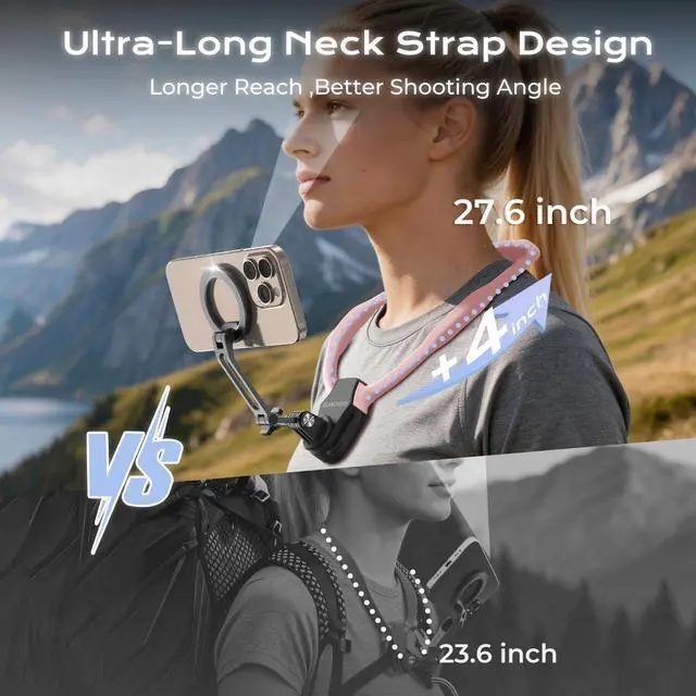 Alt view image 2 of 7 - 2026 Extended LongMagnetic Neck Mount for Phones, 27.6" Hands-Free POV/Vlog Phone Holder for iPhone 1712 & Android, Content Creator Essentials for Go Pro DJI, Comfortable Natural Shooting AnglePink
