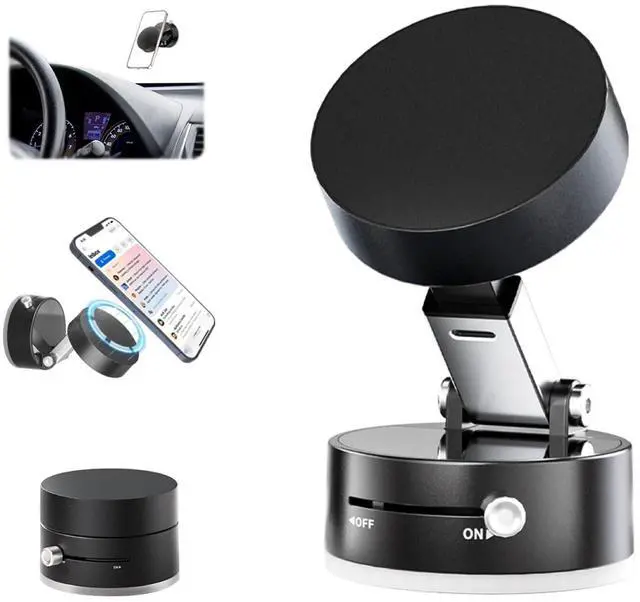Main image of Vacuum Magnetic Phone Holder Compatible with iPhone 17 16 15 14 13 12, Samsung, All Phone, Small Universal Foldable Magnetic Phone Stand Car Mount with Windshield Suction Cup, Metal Ring