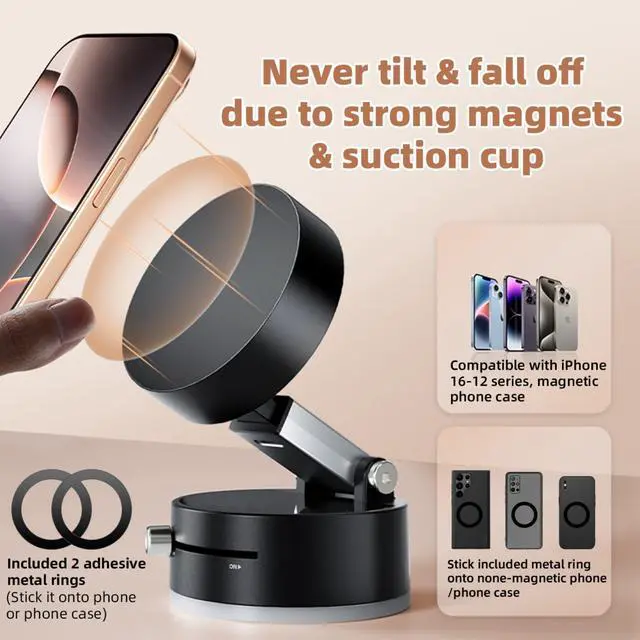 Alt view image 3 of 7 - Vacuum Magnetic Phone Holder Compatible with iPhone 17 16 15 14 13 12, Samsung, All Phone, Small Universal Foldable Magnetic Phone Stand Car Mount with Windshield Suction Cup, Metal Ring