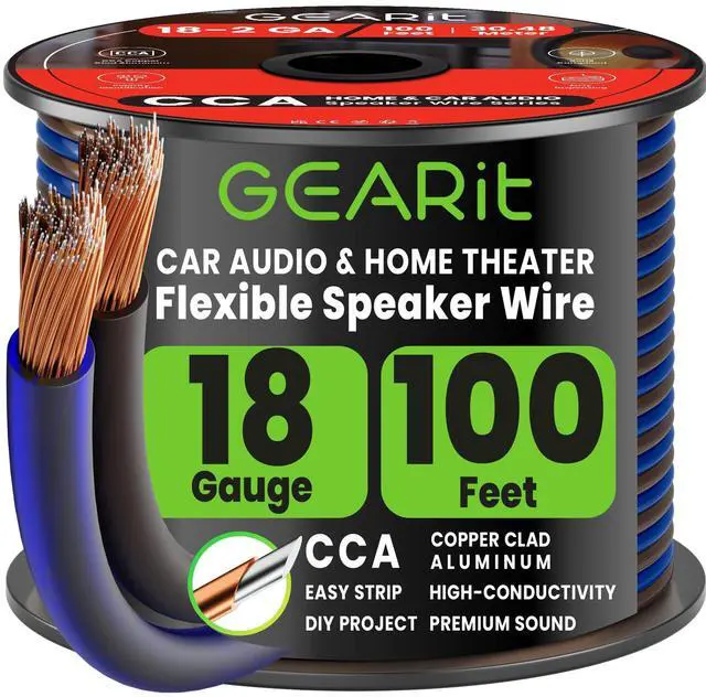Main image of Speaker Wire 18 Gauge 100 ft,Speaker Cable with Foot Markers & Polarity Markings,14 Gauge Wire for Car Audio & Home Theater Speakers,Audio Cable for DIY Installations,CCA(Black Blue)