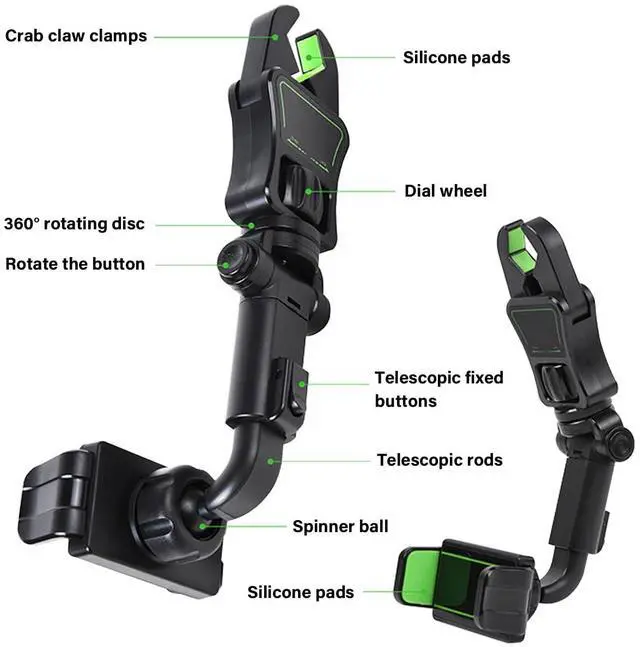 Alt view image 4 of 7 - Car Rear View Mirror Phone Holder, 360° Rotating Rearview Mirror Phone Mount, ABS Multi-Functional Adjustable Cellphone Holder, Universal Car Phone Holder for All Smartphones (Black/Green)