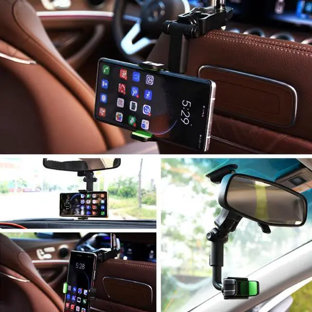 Alt view image 7 of 7 - Car Rear View Mirror Phone Holder, 360° Rotating Rearview Mirror Phone Mount, ABS Multi-Functional Adjustable Cellphone Holder, Universal Car Phone Holder for All Smartphones (Black/Green)