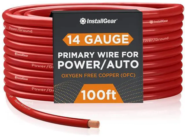 Main image of 100ft 14 Gauge OFC Copper Speaker Wire - Red Primary Cable for Car Audio, Home Theater, and Outdoor Use - Flexible PVC Jacket - Easy Polarity ID - Radio and Stereo