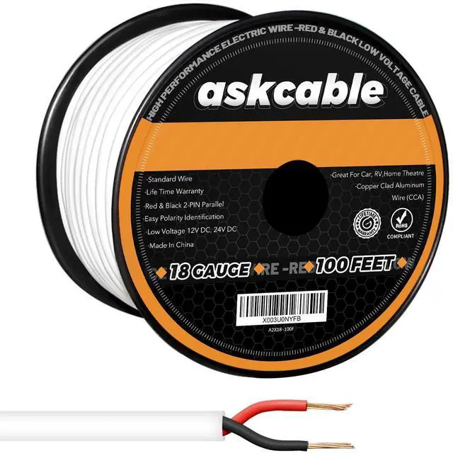 Main image of 18/2 AWG 100FT Electrical Wire 18 Gauge 100 Feet 2 Conductor Speaker Wire CL2 Rated Speaker Cable Wire White Jacket Outdoor Direct Burial in Ground in Wall Extension Cord Cable Red Black