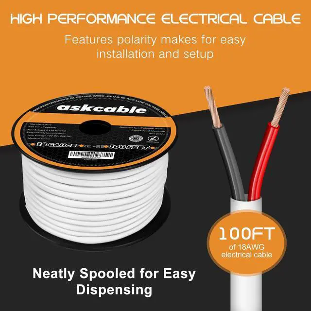 Alt view image 5 of 7 - 18/2 AWG 100FT Electrical Wire 18 Gauge 100 Feet 2 Conductor Speaker Wire CL2 Rated Speaker Cable Wire White Jacket Outdoor Direct Burial in Ground in Wall Extension Cord Cable Red Black