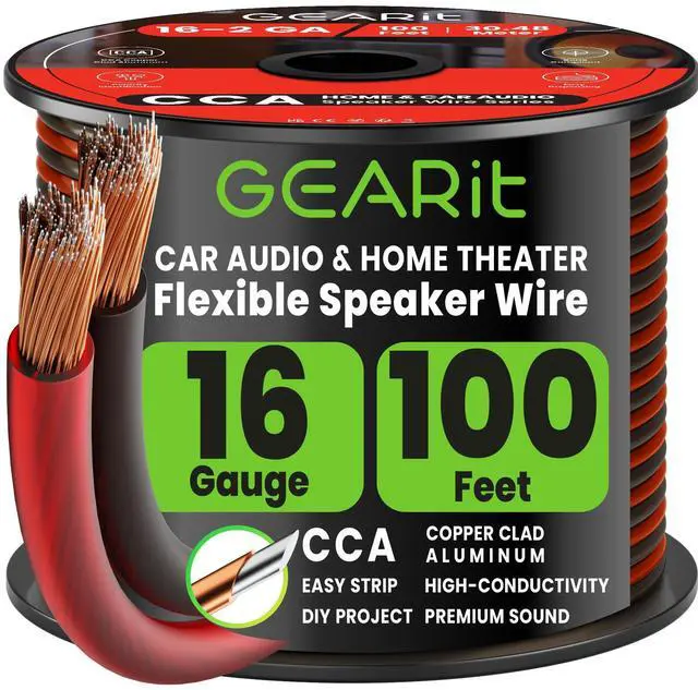 Main image of 16 Gauge Speaker Wire 100 ft,16 Gauge Wire with Foot Markers & Polarity Markings,Flexible Speaker Cable for Car Audio & Home Theater Speakers,Audio Cable for DIY Installations,CCA(Black Red)