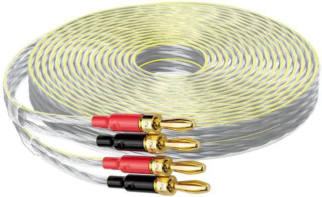 Main image of 16/2 Speaker Flat Wire Cable with Banana Tip Plugs 35 FT, 16 Gauge AWG Wire, Tinned OFC Copper, Transparent Jacket with Yellow Polarity Marker, for Indoor & Outdoor, Hi-Fi Sound