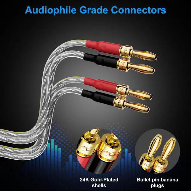 Alt view image 2 of 7 - 16/2 Speaker Flat Wire Cable with Banana Tip Plugs 35 FT, 16 Gauge AWG Wire, Tinned OFC Copper, Transparent Jacket with Yellow Polarity Marker, for Indoor & Outdoor, Hi-Fi Sound
