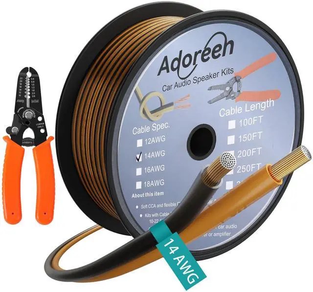 Main image of 14 Gauge AWG Speaker Wire Spool Kit 100 FT, 2 Conductor CCA Low Voltage Electrical Hookup Parallel Zip Cable Bulk, Flexible Easy to Peel for DC Automotive Car Audio Stereo Home Theater LED+ Stripper