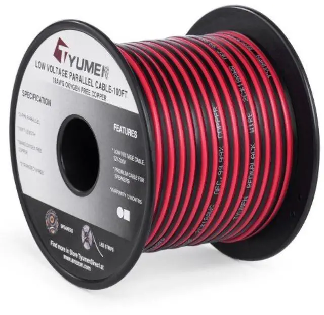 Main image of 100FT 18 AWG Gauge 2 Conductor Stranded Red Black Car Home Stereo Speaker Audio Cable Electrical Hookup Wire - 99.95% Oxygen Free Copper Wires