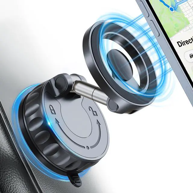 Main image of Ultra Strong Magnetic Car Phone Holder - 360° Adjustable Vacuum Suction Cup Foldable Phone Mount for MagSafe, Compatible with iPhone, Android, and All Smartphones - for Car/Gym/Kitchen