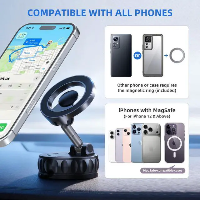 Alt view image 3 of 7 - Ultra Strong Magnetic Car Phone Holder - 360° Adjustable Vacuum Suction Cup Foldable Phone Mount for MagSafe, Compatible with iPhone, Android, and All Smartphones - for Car/Gym/Kitchen