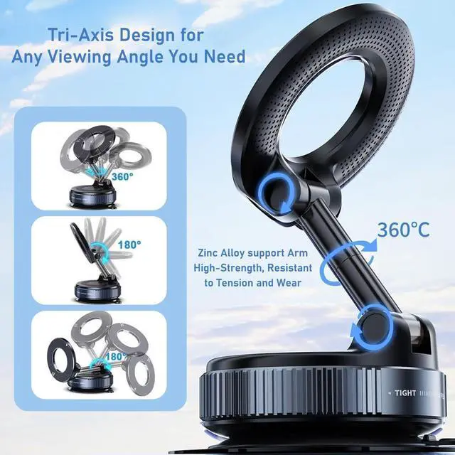 Alt view image 3 of 7 - Vacuum Magnetic Phone Holder, 360° Adjustable Magnetic Car Mount, Foldable Portable Suction Cup Cell Phone Mount for Car/Gym/Mirror/Shower, Compatible with All Smartphones & All Car Models