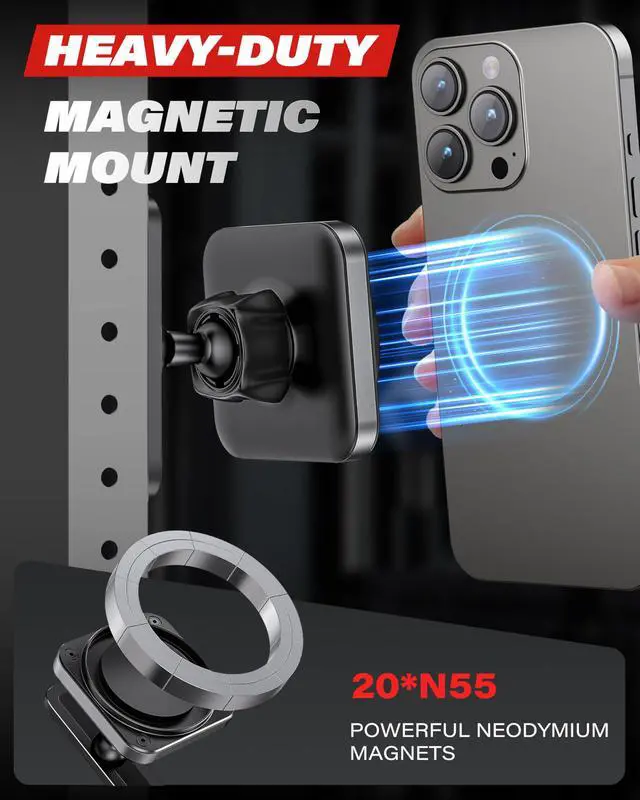 Alt view image 3 of 7 - Magnetic Phone Holder for Gym, Aluminum Alloy Base Attach to Metal & Non-Metal Surfaces, Gym Phone Mount for MagSafe iPhone 12-17 Series, Ideal Gym Essentials for Workouts Recording