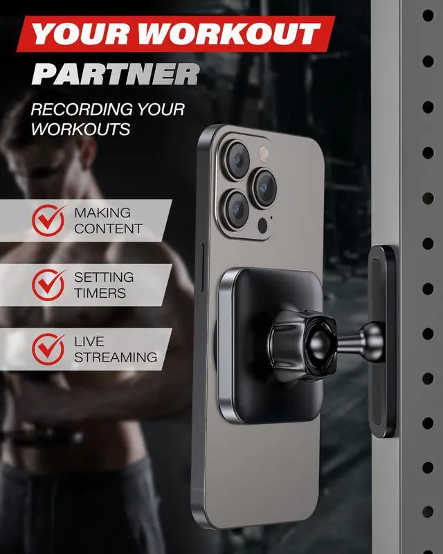 Alt view image 4 of 7 - Magnetic Phone Holder for Gym, Aluminum Alloy Base Attach to Metal & Non-Metal Surfaces, Gym Phone Mount for MagSafe iPhone 12-17 Series, Ideal Gym Essentials for Workouts Recording