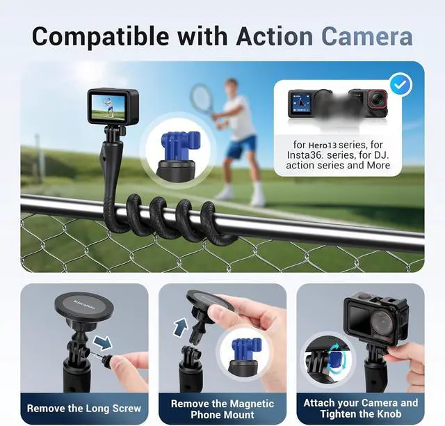 Alt view image 4 of 7 - 29.5'' Magnetic Flexible Gooseneck Phone Mount Holder for iPhone 17 16 15 Pro Max & Action Camera,Long Arm Bendable Selfie Stick Cell Phone Stand with 1/4"20 for Stroller Treadmill Gym Shopping Cart