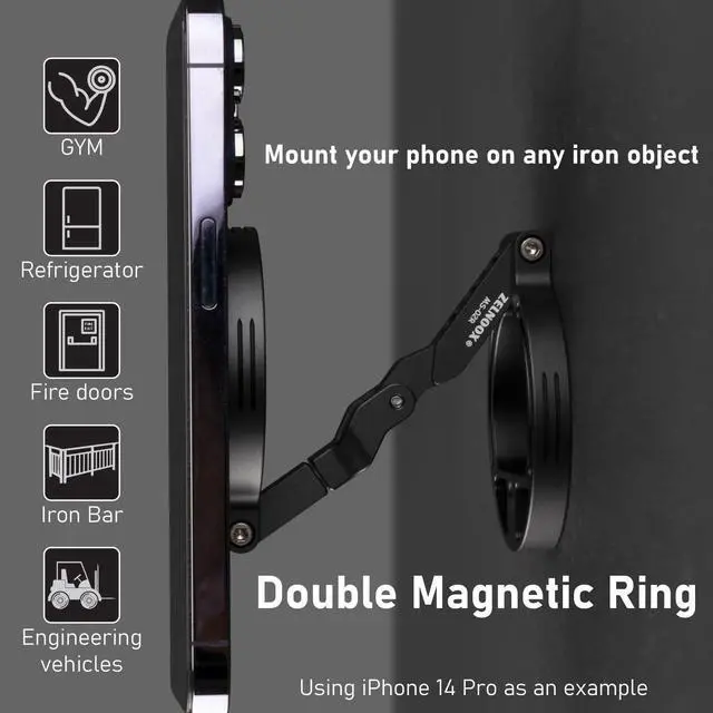 Alt view image 4 of 7 - Double Magnetic Ring Phone Holder Attach to Any Iron Surface | 1/4" Screw Hole | Compatible with iPhone 17/16/15/14/13/12 Pro Max Series & Magnetic Cases (MS-02R)