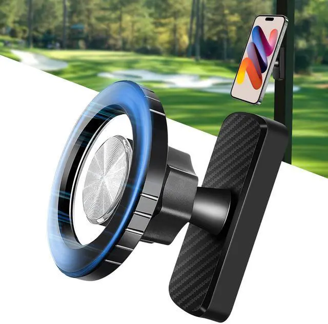Main image of Magnetic Phone Holder for Golf Cart, Car, Gym & Home Strong Magnet Mount with 360° Adjustable Rotation Anti-Slip Rubberized Base Compatible with iPhone & Android with Magnetic Ring Gifts for Golfers