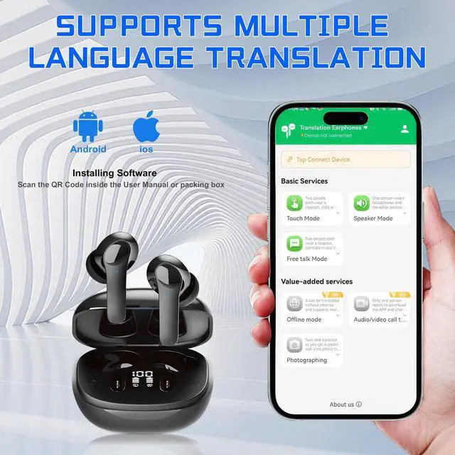 Alt view image 7 of 7 - Ai Translation Earbuds Real Time, JE 3-in-1 Language Translator Earbuds with 150 Languages& Accents, Electronic Foreign Language Translation Device for Travel Business LearningBlack
