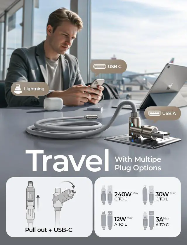 Alt view image 4 of 7 - USB C to Lightning Cable, Chubby 240W 4 in 1 Charging Cable 6.6FT