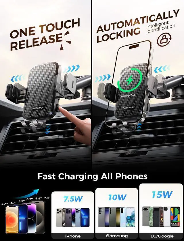 Alt view image 4 of 7 - Wireless Car Charger with Phone Holder Mount, 15W Fast Charging Auto Clamping Phone Holders for You Car Windshield Dashboard Air Vent Accessories for iPhone, Samsung Galaxy, Google, etc