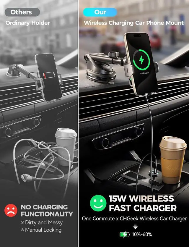 Alt view image 3 of 7 - Wireless Car Charger with Phone Holder Mount, 15W Fast Charging Auto Clamping Phone Holders for You Car Windshield Dashboard Air Vent Accessories for iPhone, Samsung Galaxy, Google, etc