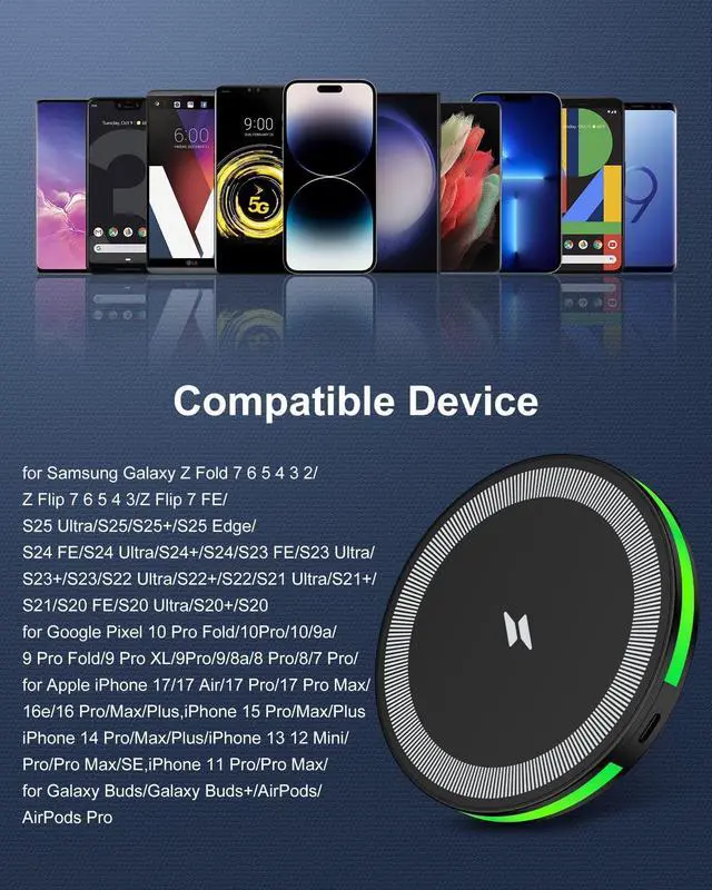 Alt view image 7 of 7 - Wireless Charger for Samsung Galaxy S26 Ultra/S26 Plus/S26/S25 Ultra/S25 Edge/S25FE/S24/S23/S22/S21,15W Fast Phone Charging Pad/Station with 18W Block for Google Pixel 10 Pro XL/10a 9a iPhone 17/16/15