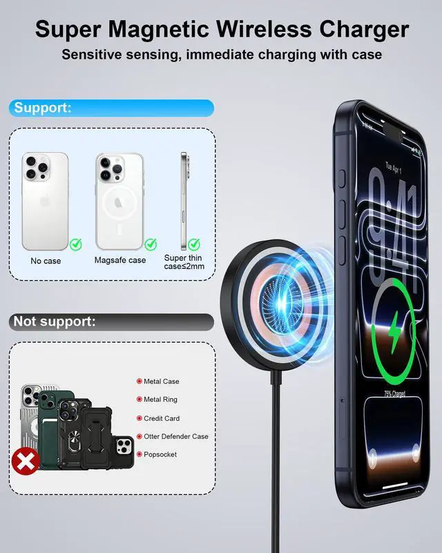 Alt view image 5 of 7 - Wireless Charger for Samsung 15W Wireless Charger Pad Fast Charging for Galaxy S26 Ultra/S25/S24FE/S23/S22/Z Flip 7/6, Magnetic Wireless Charger iPhone 17 16 15 Magsafe Charger Station&20W USB-C Block