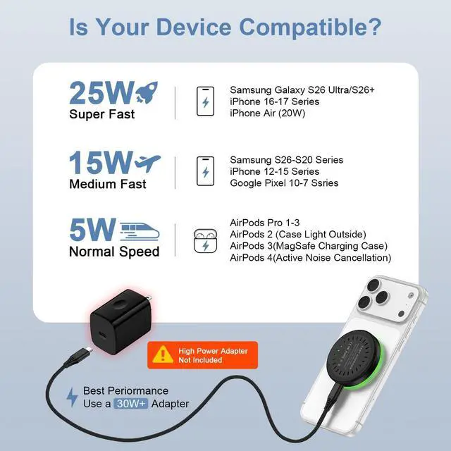 Alt view image 6 of 7 - 25W Fast Wireless Phone Charger for Android Samsung Magnetic Charger Magsafe Charging Pad for Samsung Galaxy S26 Ultra/S26+/S25 Ultra/S24/S23/S22/S21/S20/ Google Pixel 10a/10 Pro/9a/9/8a/7a/8/7 Pro/6