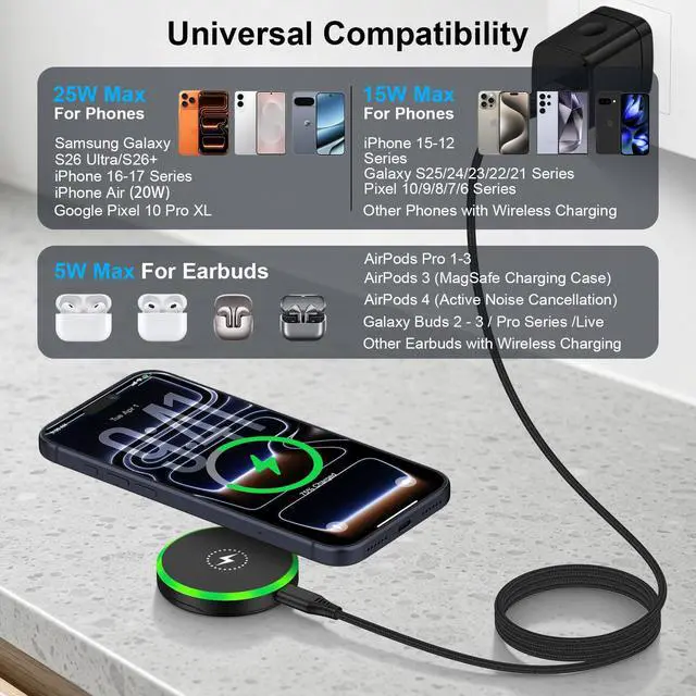Alt view image 6 of 7 - 25W Magnetic Wireless Charger for Samsung Galaxy S26 Ultra/S26 Plus/S25/S24/S23/S22/S21/S20 Plus/Magnetic MagSafe Fast Charging Pad for iPhone 17 Pro Max/17e/16/15/14/13/12 Series/AirPods 4/3/2/Pro