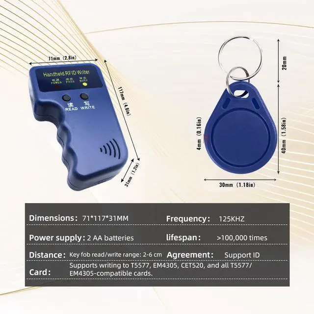 Alt view image 2 of 6 - RFID 125KHz Card Reader Writer Handheld Smart ID Card for T5577 or EM4305, Includes 6pc White Card and 6pc Blank Writable T5577 Keychains Christmas Stocking Stuffers for Men