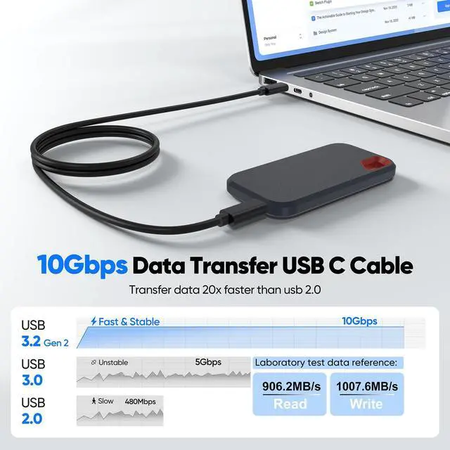 Alt view image 2 of 7 - USB C Data Cable 3ft, USB C 3.2 Gen 2 Cable with 10Gbps Data Transfer & 60W Fast Charging, USBC to Type-C Android Auto Cord for iPhone 17/16/15 Galaxy S25/24 Protable SSD iPad Air/Pro Laptop Mini PC