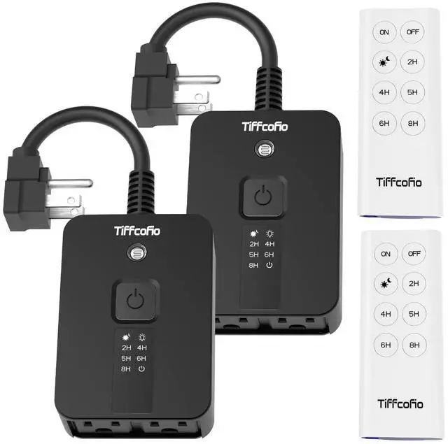 Main image of Outdoor Timer Waterproof, Remote Control Dusk to Dawn Sensor Countdown, 100 ft Range, 2 Grouded Electrical Outlets for Home and Garden, 15A 1/2HP, Heavy Duty, ETL Listed (2 Packs)