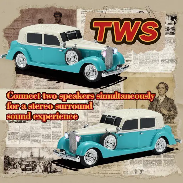 Alt view image 6 of 7 - WS-1934 Retro Classic Car Bluetooth Replica Speaker Wireless HD Sound with FM Radio,TWS Stereo,LED Party Lights,Built-in Microphone Hands-Free Call, Surprise Portable Gift for Party Use(Green)