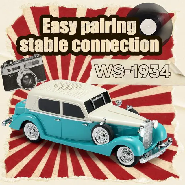 Alt view image 5 of 7 - WS-1934 Retro Classic Car Bluetooth Replica Speaker Wireless HD Sound with FM Radio,TWS Stereo,LED Party Lights,Built-in Microphone Hands-Free Call, Surprise Portable Gift for Party Use(Green)
