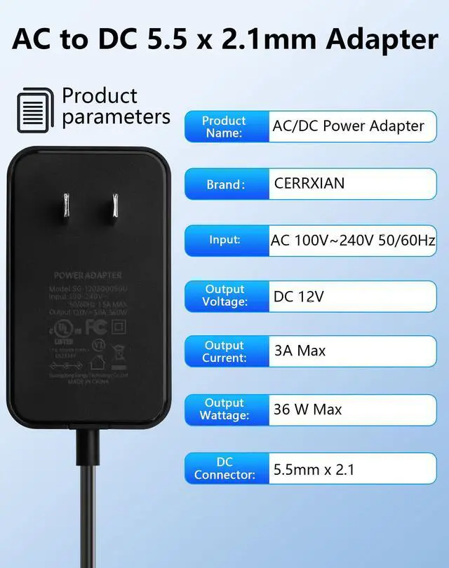 Alt view image 2 of 7 - 12V 3A 36W Power Supply AC to DC 5.5 x 2.1mm Adapter, 100-240V 50-60Hz AC to DC5521 12 V Cord for CCTV Camera,Speakers, LED Strip Light - 4.92 FT