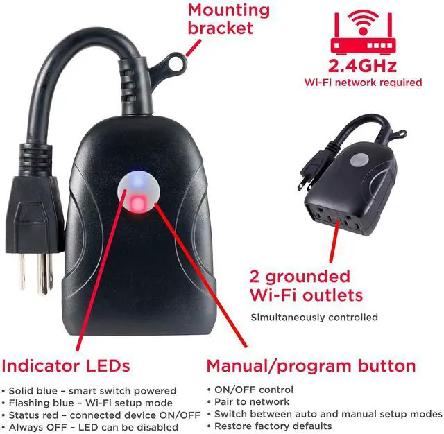 Alt view image 5 of 6 - Outdoor Smart Plug Wi-Fi Outlet, Dual Smart Outlet, Works with Alexa, Echo & Google Home, No Hub Required, App Controlled, ETL Certified, Outdoor Timer, Black, 51405