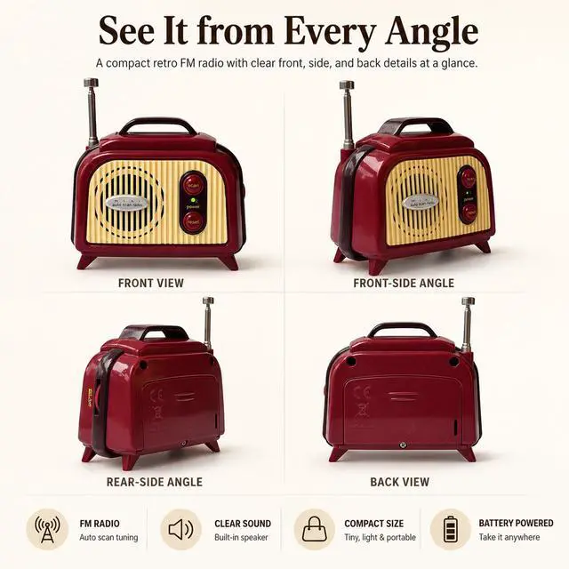 Alt view image 4 of 7 - Mini FM Radio, Vintage Retro Portable FM Only Radio, 88108 MHz Auto Scan, 2 AA Battery Powered Compact Desk Radio with Speaker and Antenna, Red and Cream, 4.5 x 3.5 x 5 in